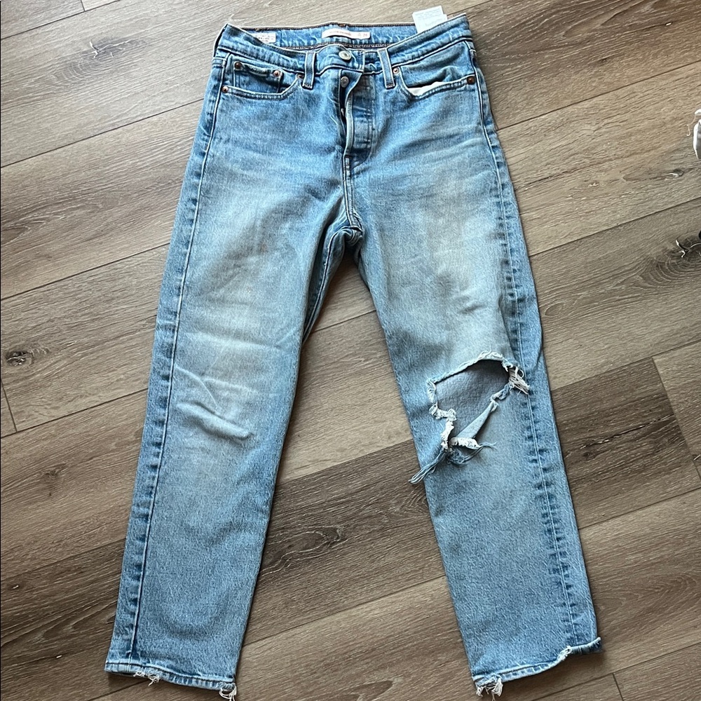 Levi’s Button Fly Wedgie Light Blue Distressed Straight Leg Jeans